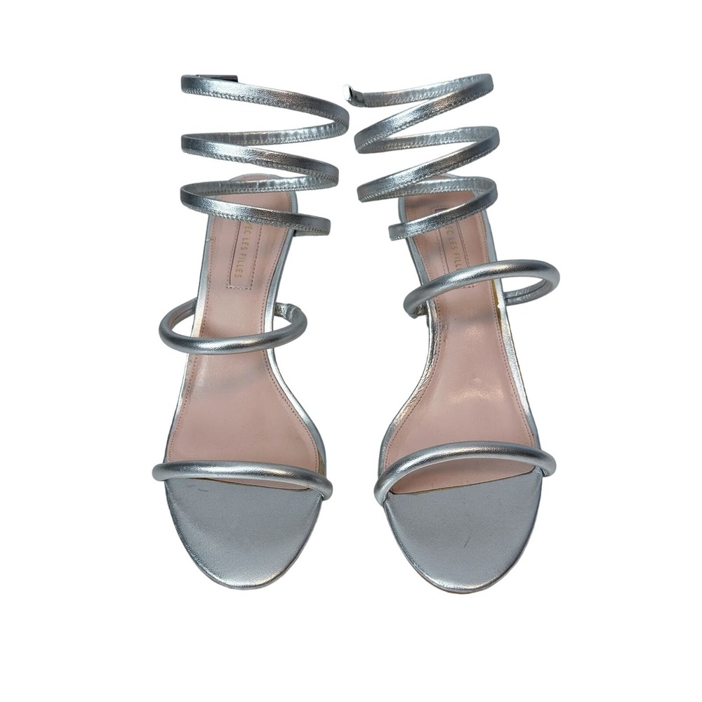 Avec Les Filles Joia Silver Metallic Leather Ankle Wrap Heels Size 9